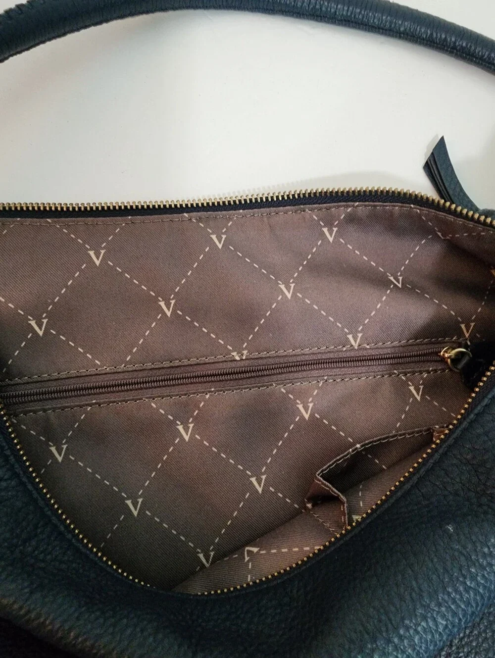 Vince Camuto Navy Blue Pebbled Leather Dessa Tassel Hobo Bag